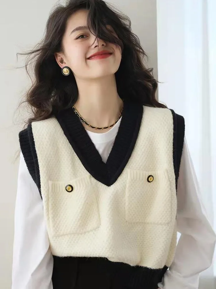 

Вязаный свитер, жилет с V-образным вырезом, модный однотонный простой однотонный Повседневный пуловер в студенческом стиле, шикарная уличная одежда, безрукавка