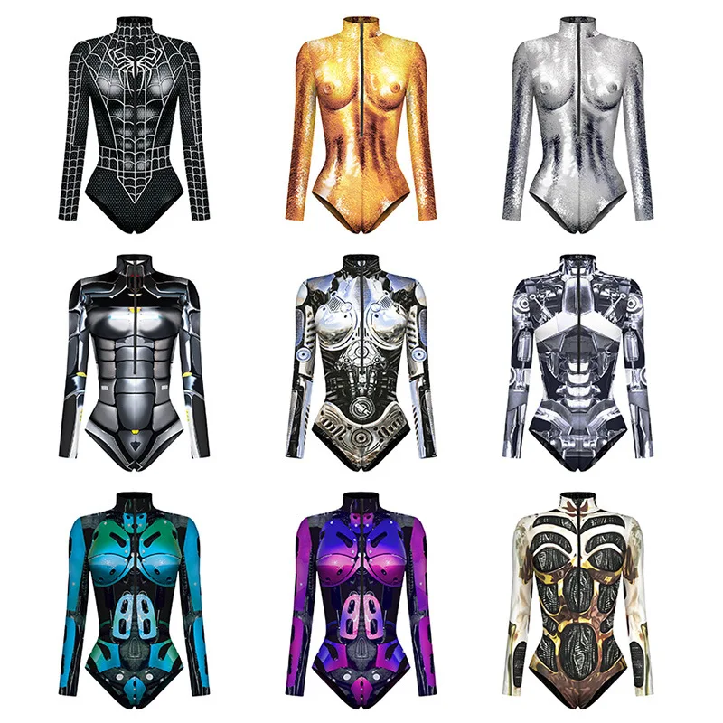 New Robot Armor zentai 3D Digital Print Women's Long Sleeve Zipper Bodysuit Halloween Party cosplay Costume