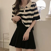 striped polo shirt tee women short sleeve lapel knitted top black pleated skirt summer fashion lady t shirt casual women sets