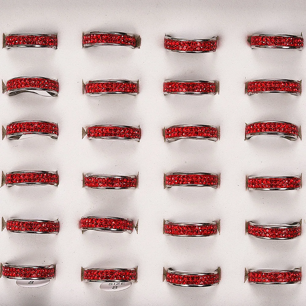 

QIANBEI Wholesale Bulk Lots 25Pcs Red 2Rows CZ Inlay Wedding Stainless Steel Ring Bridal Valentine Fashion Jewelry 17-21MM