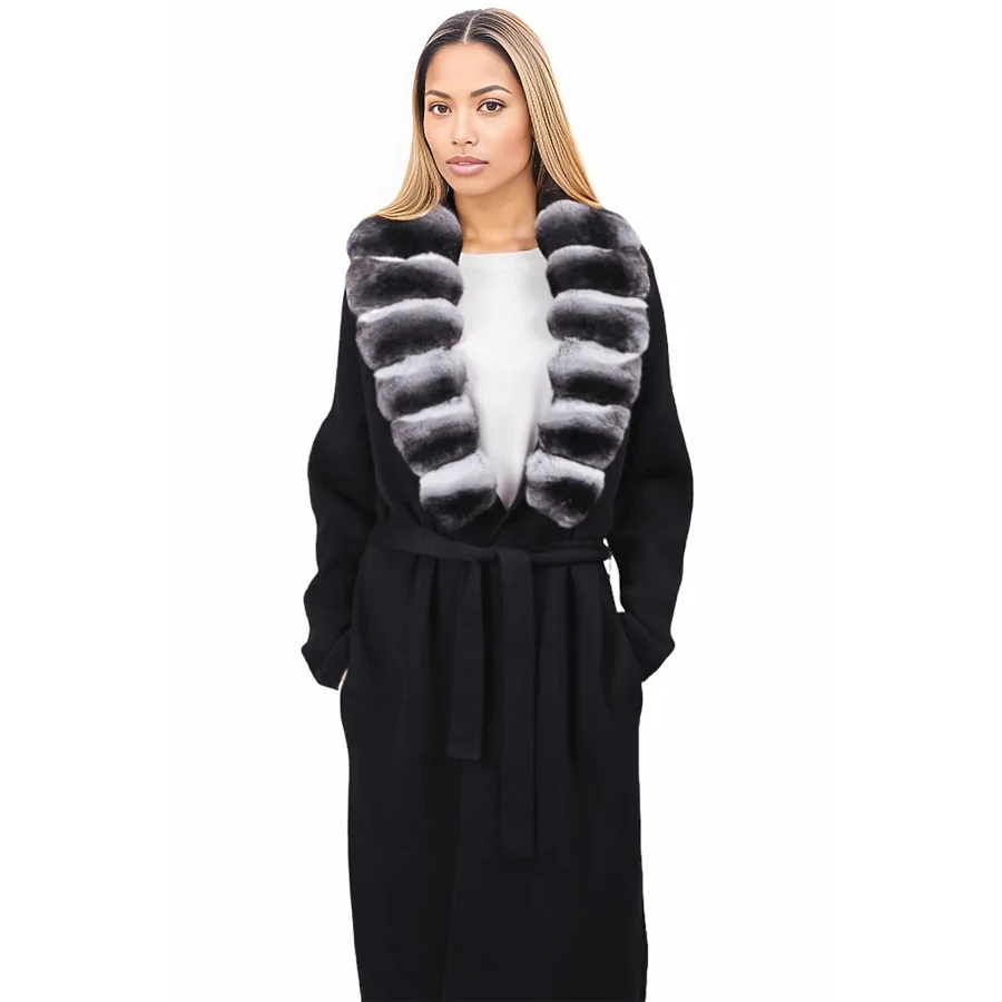 Пальто из натуральной шерсти с воротником лацканами меха кролика рекс черное