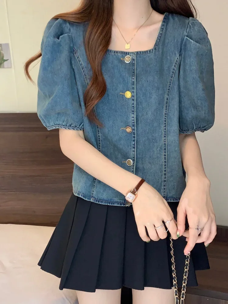 Женская джинсовая рубашка с коротким рукавом кардиган квадратным вырезом