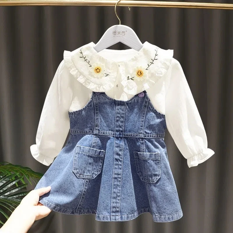 

Children's Dress Suit Girl Denim Suspender Skirt Shirt 2-piece Set Spring and Autumn Baby Girl Long Sleeve Dress