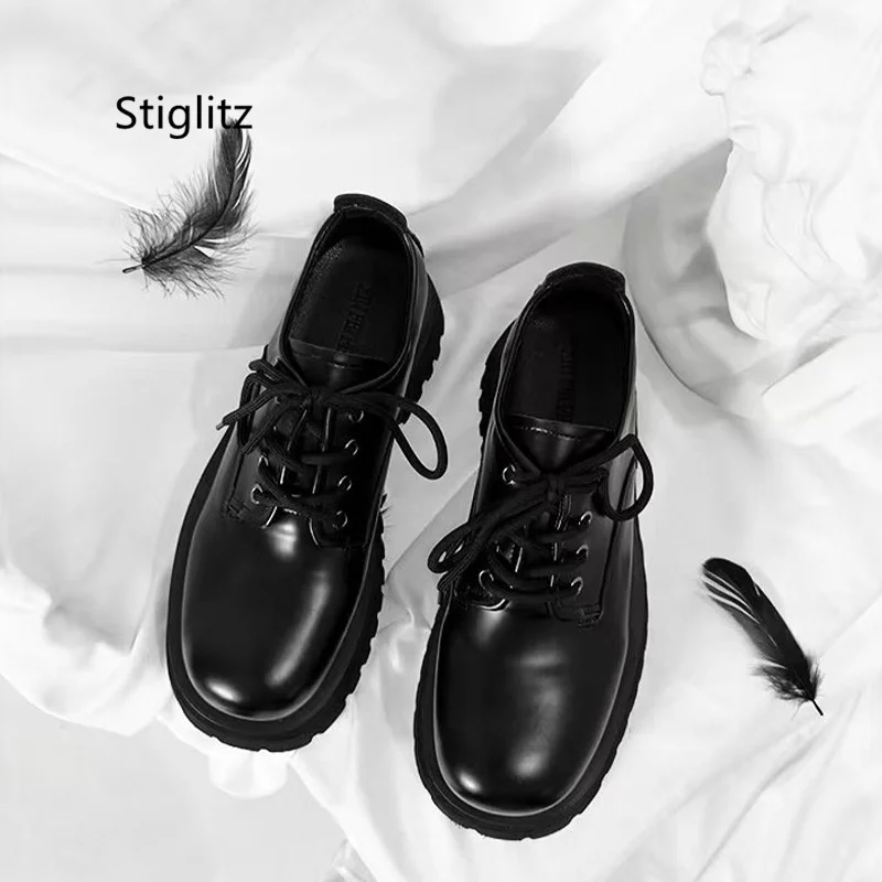 Повседневные кожаные туфли с круглым носком для мужчин и женщин дерби на толстой