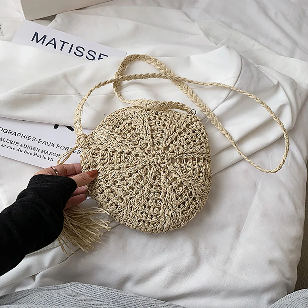

Women Handmade Woven Straw Crossbody Bag Round Square Rattan Handbag Fashion Summer Ladie Travel Beach Pouch Small Messenger Bag