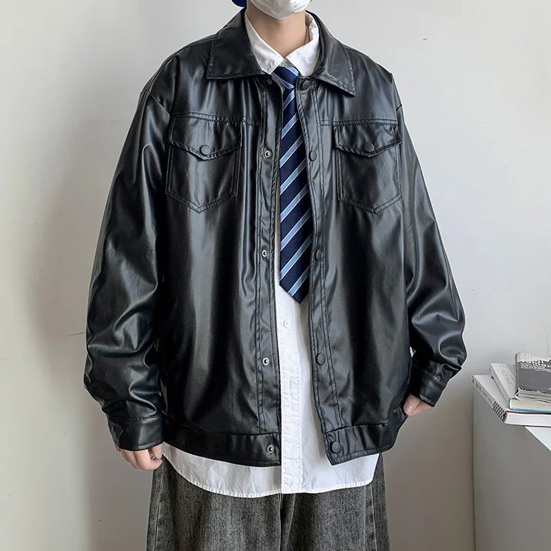 2022 Men's Fashion Baseball PU Leather Jackets Motorcycle Cargo Pocket Faux Fur Coats Russian Jackets Black Color Outerwear