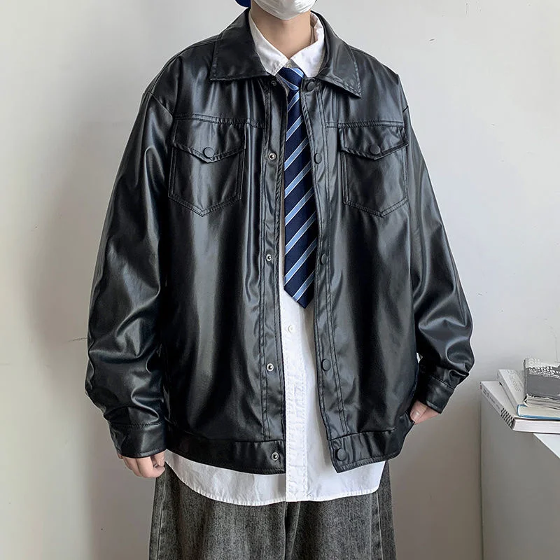 

2022 Men's Fashion Baseball PU Leather Jackets Motorcycle Cargo Pocket Faux Fur Coats Russian Jackets Black Color Outerwear