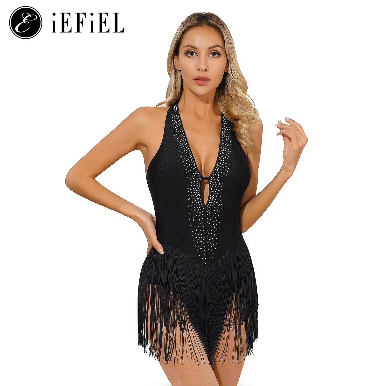 Женский блестящий купальник со стразами и открытой спиной латинский джаз сальса