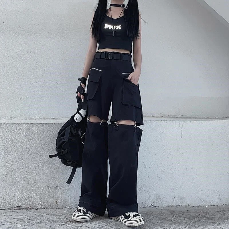 

Deeptown Goth Techwear Black Cargo Pants Women Cyber Punk Hollow Out Wide Leg Baggy Joggers Hippie Streetwear Oversize Trousers
