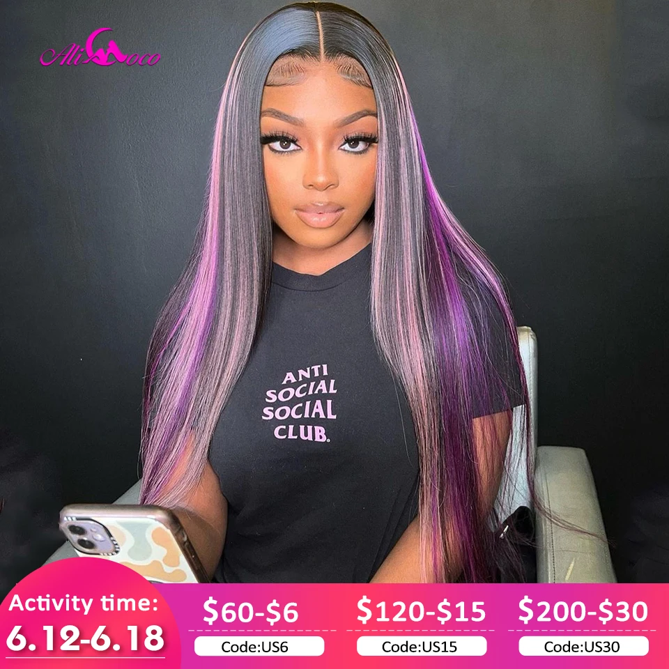 

30 Inches Highlight Purple Straight 13x4 Lace Frontal Human Hair Wigs Colored Wig For Black Women Ali Coco Remy Hair Wigs