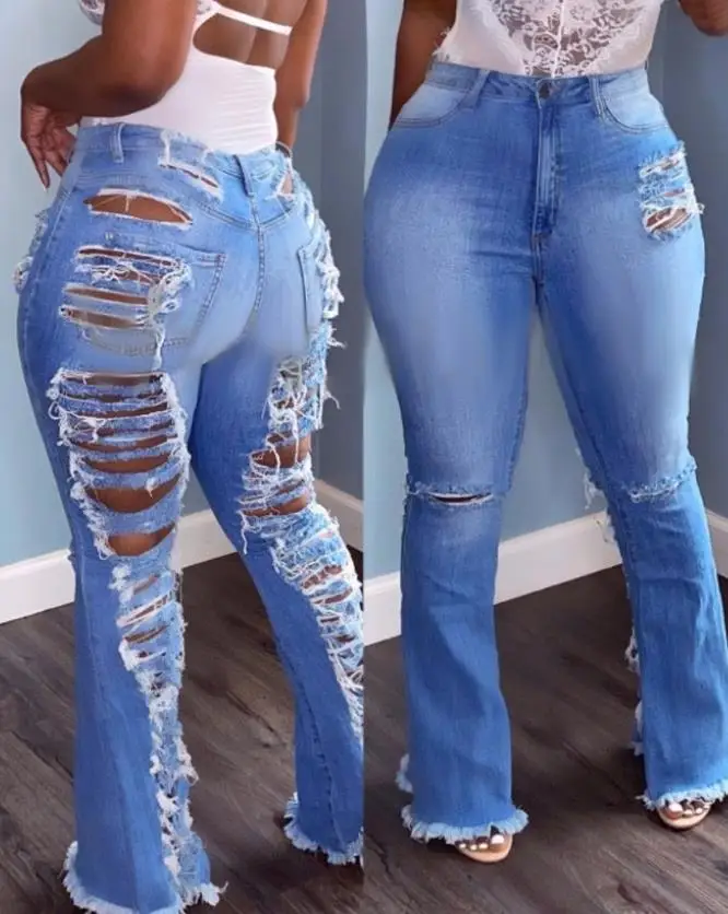 

Sexy Chic Denim Zipper Fly Cutout Ripped Raw Hem Bootcut Button Pocket Design Washed Skinny Long Flared Jeans Autumn All-Match