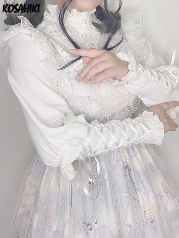 KOSAHIKI Gothic Y2k Shirts Women Vintage Lolita Style Gigot Sleeve Blouses Girls JK Sweet Lace Ruffles Bandage Tops Blusas Mujer