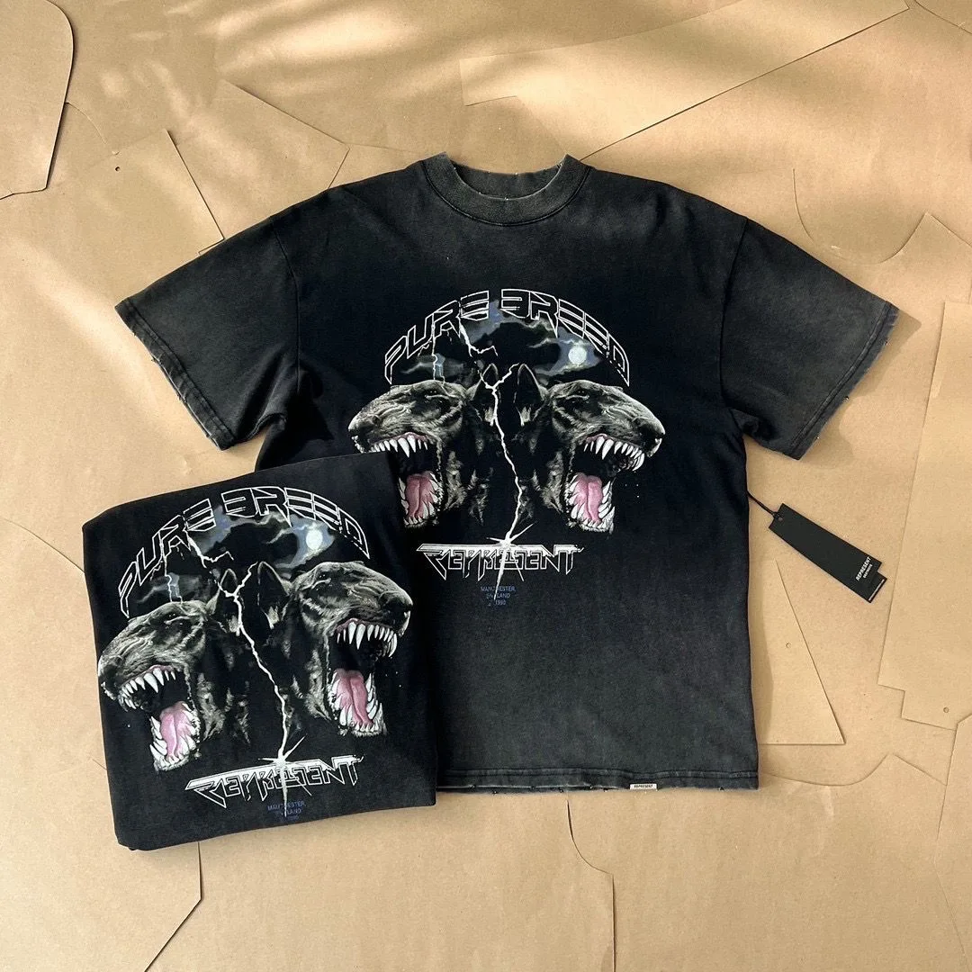 

Corteiz T Shirt Bull Terrier Printed Washed Cotton Vintage Short Sleeve T-shirt Men Women American High Casual Loose Top Tee