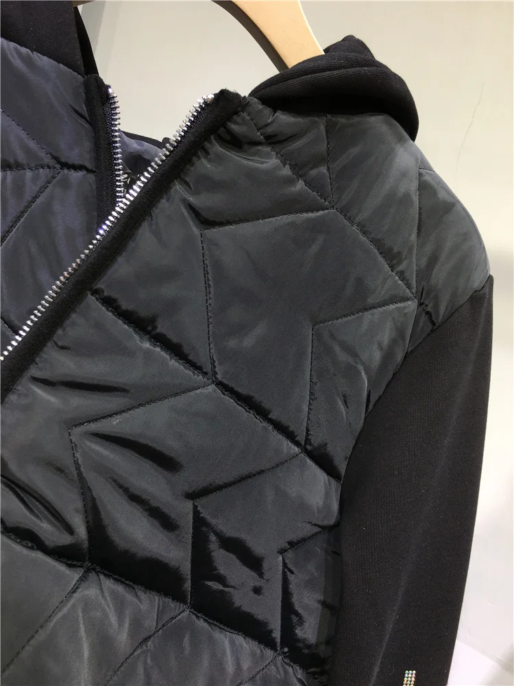 Quilted Cotton-padded Coat 2022 New Autumn Winter Letter Hot Drilling Black Wadded Jacket Streetwear Long Sleeve Hooded Parkas