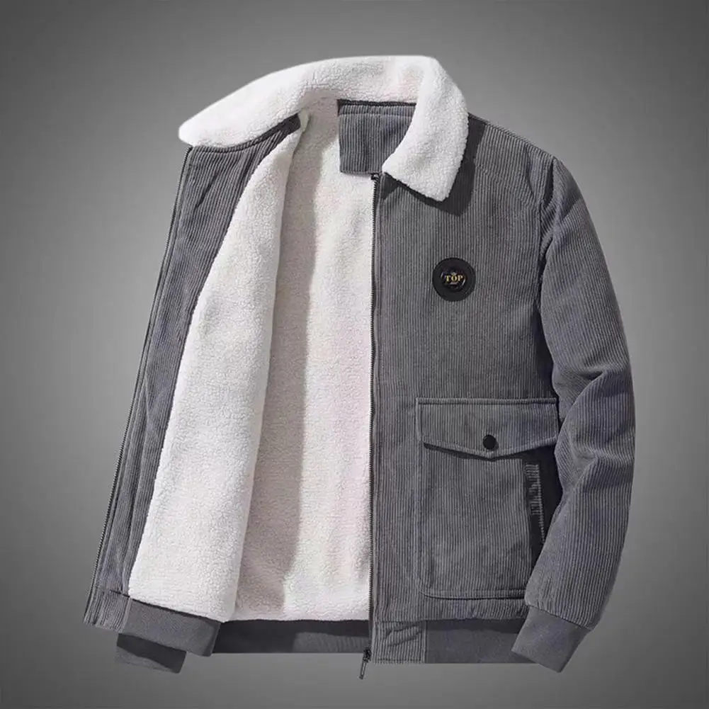 

Men Autumn Winter Corduroy Jacket Stylish Men's Corduroy Jacket with Lapel Flap Pockets Fleece Lining Autumn Winter Casual Coat