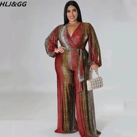 hljgg sexy deep v long sleeve lace up jumpsuits women print bandage wide leg pants one piece playsuits casual streetwear xl 5xl