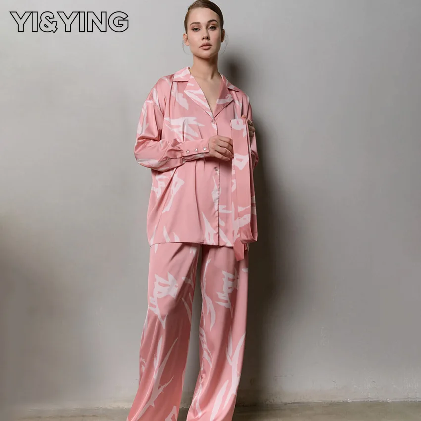 

[YI & YING] милые розовые модные штаны свободного покроя с принтом с длинным рукавом пижамы из двух частей Французская женская домашняя одежда WAZC466