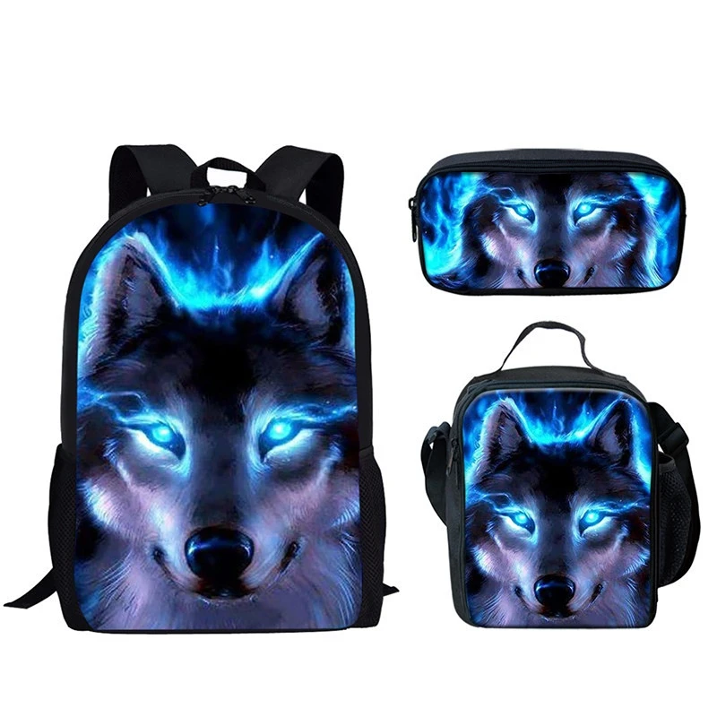 

ADVOCATOR Blue Wolf Printed 3Pcs/Set Bookbags and Lunch Box Pencil Case for Teenager Boys Schoolbags Cool Children Book Bags