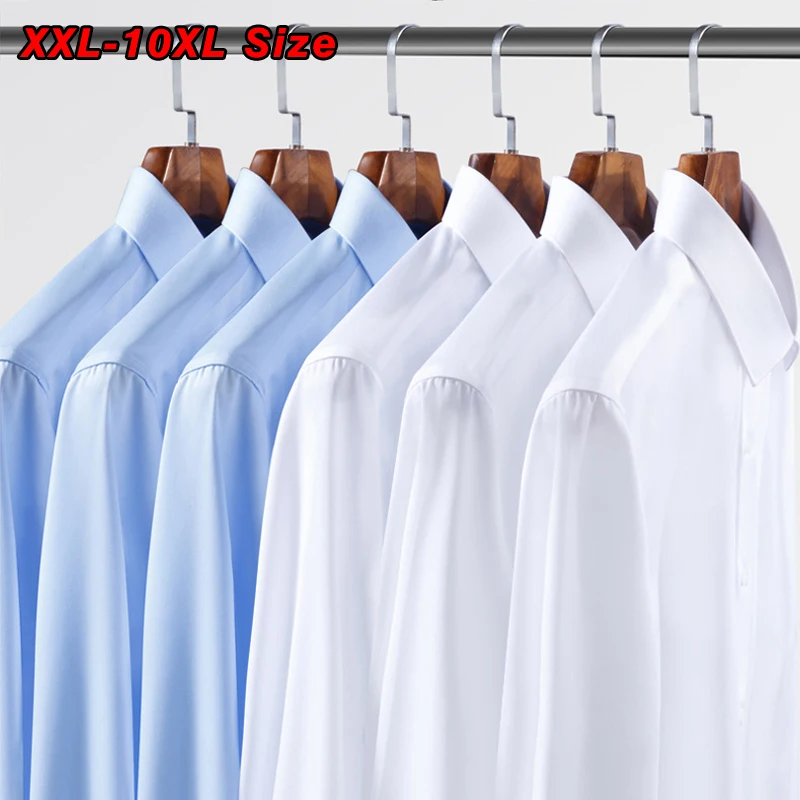

Plus Size 8XL 9XL 10XL Mens Shirts Solid Color Business Work Dress Elastic Loose Oversized Male Long Sleeves Shirt