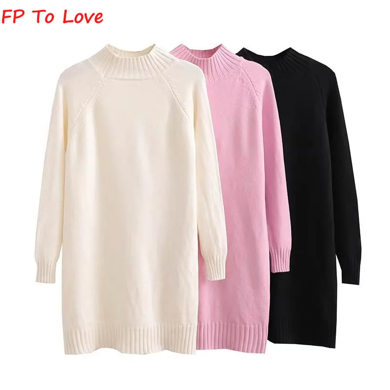 

FP To Love Pink Turtleneck Pullover Sweater Black Long Sleeve Knitted Dress Apricot Crew Neck Casual Vintage Knitwear