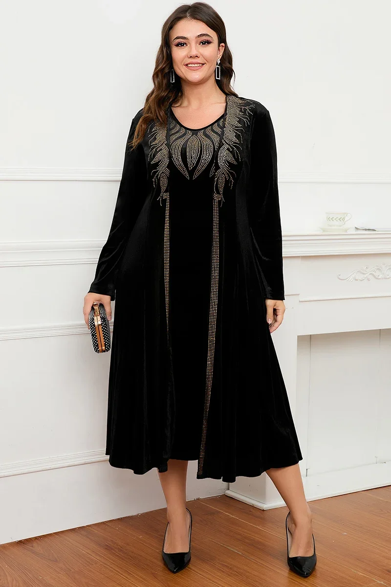 Женское бархатное платье-двойка с круглым вырезом и принтом