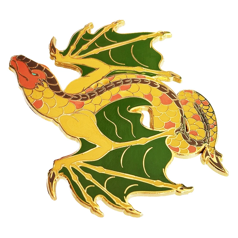 

Индивидуальная заколка для лацканов в виде мультяшного животного, как дракон, Большая Золотая змея с темно-зелеными крыльями, жесткая эмалированная искусственная кожа для подарка