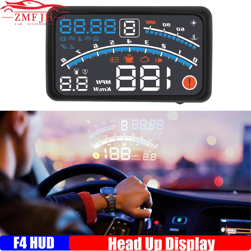 

F4 HUD OBD дисплей на лобовом стекле, внешний дисплей с сенсорным тахометром, отображением температуры воды с сигнализацией превышения скорости и напряжения для автомобиля