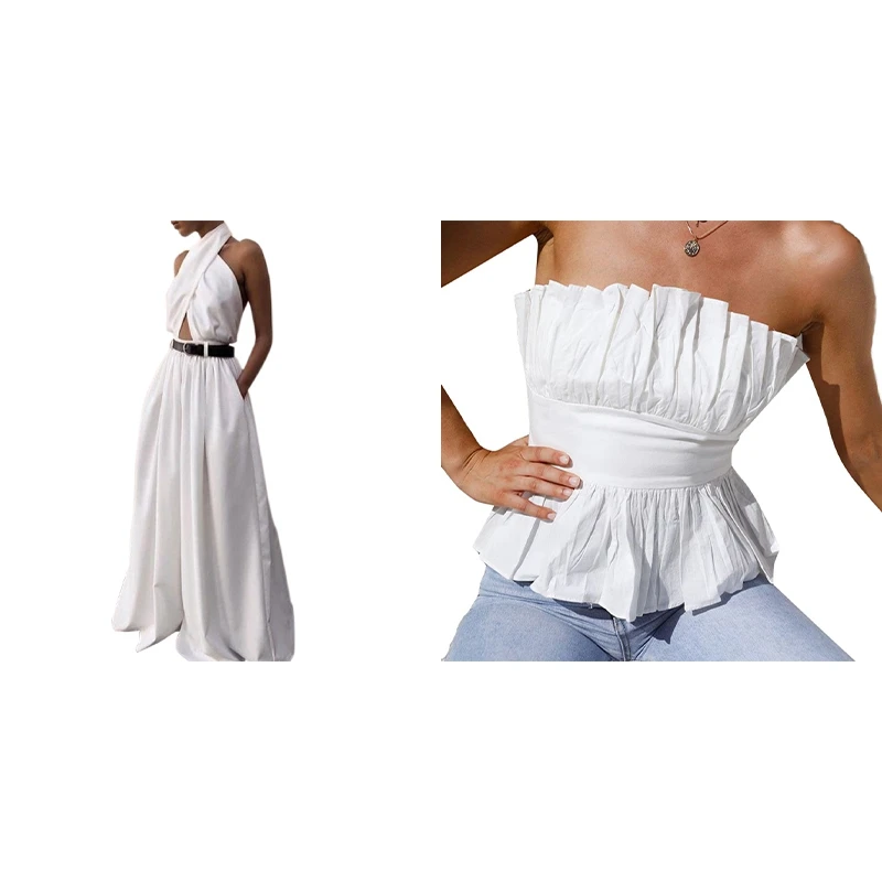 

1 Pcs One-Line Neck Folds Sexy Backless Slim Top Vest White M & 1 Pcs Women's Jumpsuit Sexy Sleeveless Halter Jumpsuit