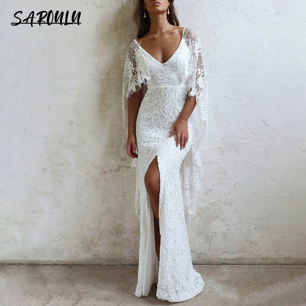 

Boho Batwing Sleeves Wedding Dress Backless Lace Custom Made Destination Elopement High Split Pastrol Sheath Long Bridal Gown
