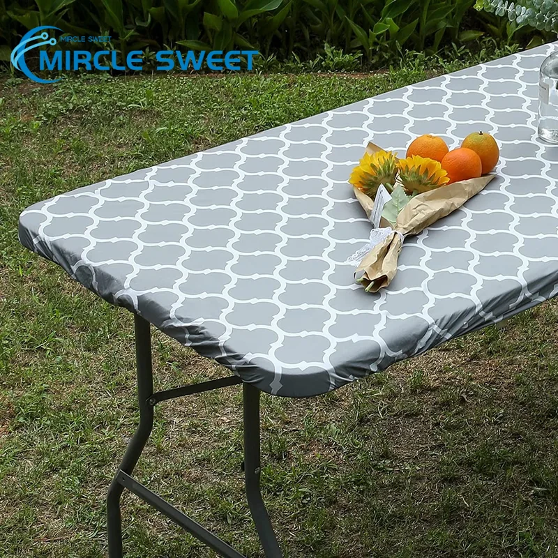 Elastic Fitted Vinyl Waterproof Tablecloth Flannel Backing Rectangle Table Cover Folding Table Wipeable TableCloth Outdoor Party