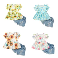infant baby girls outfit set summer short sleeved floral cover top rubber band waist hole denim shorts childrens suit
