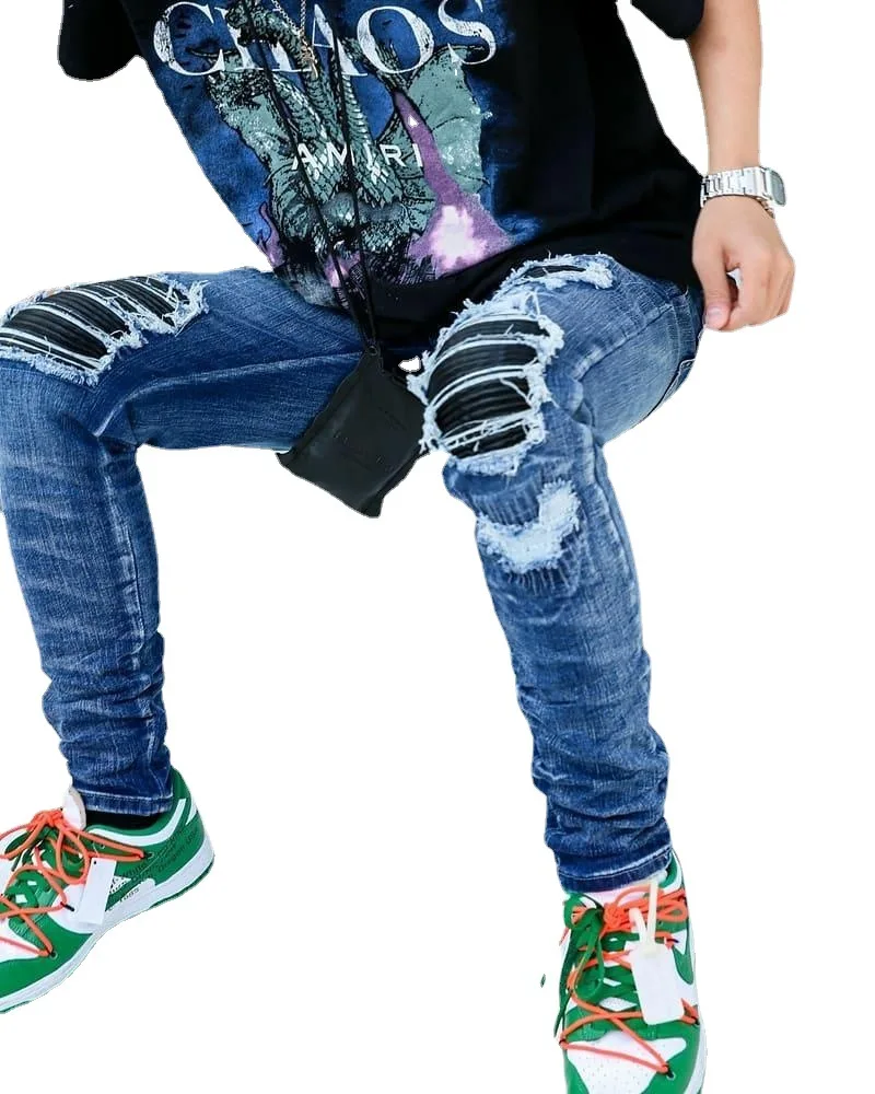 Men's PU Leather Patchwork Ripped Biker Jeans Patch Slim Skinny Stretch Denim Pants for Men