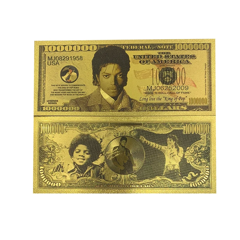 

Super star The King of Pop Michael Jackson US 1000000 dollar Gold Banknote Custom gold plastic card Anniversary Pop Collectible