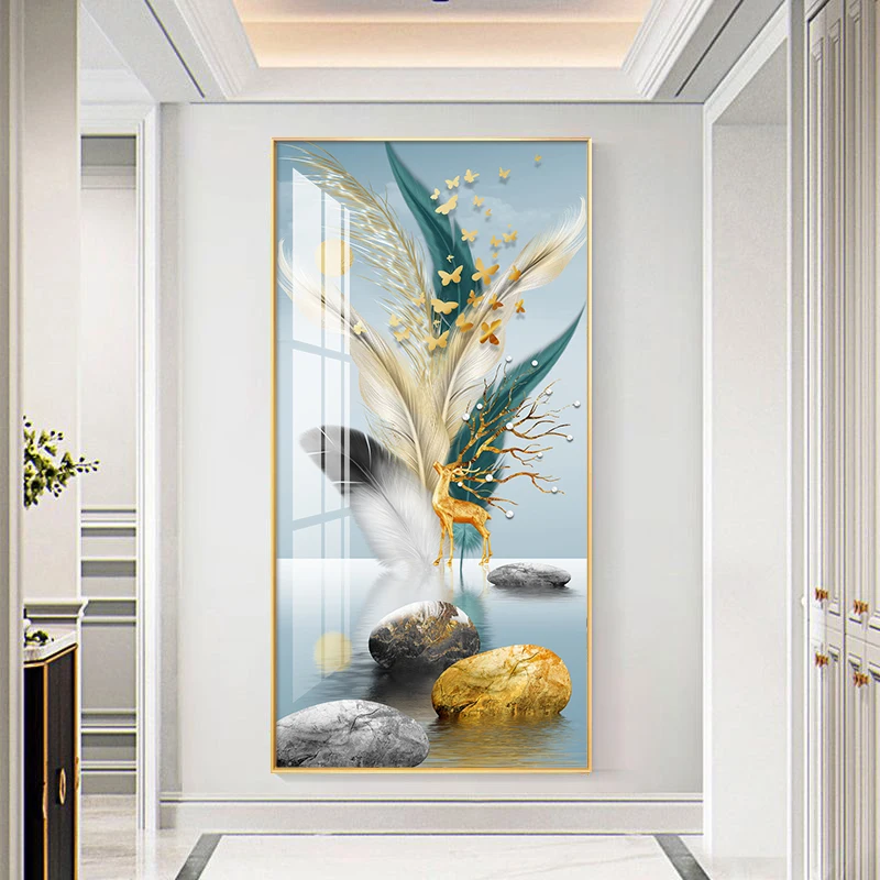 

Современная Абстрактная Картина на холсте с голубыми золотыми перьями, бабочками, настенный художественный принт и плакат, картина для гос...