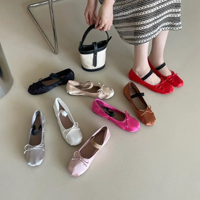 

Size 35- 41 Spring/Autumn Flats Mary Jane Shoes Round Toe Women's Shoes Bowknot Silk Satin Ballet Flats Women Shoes