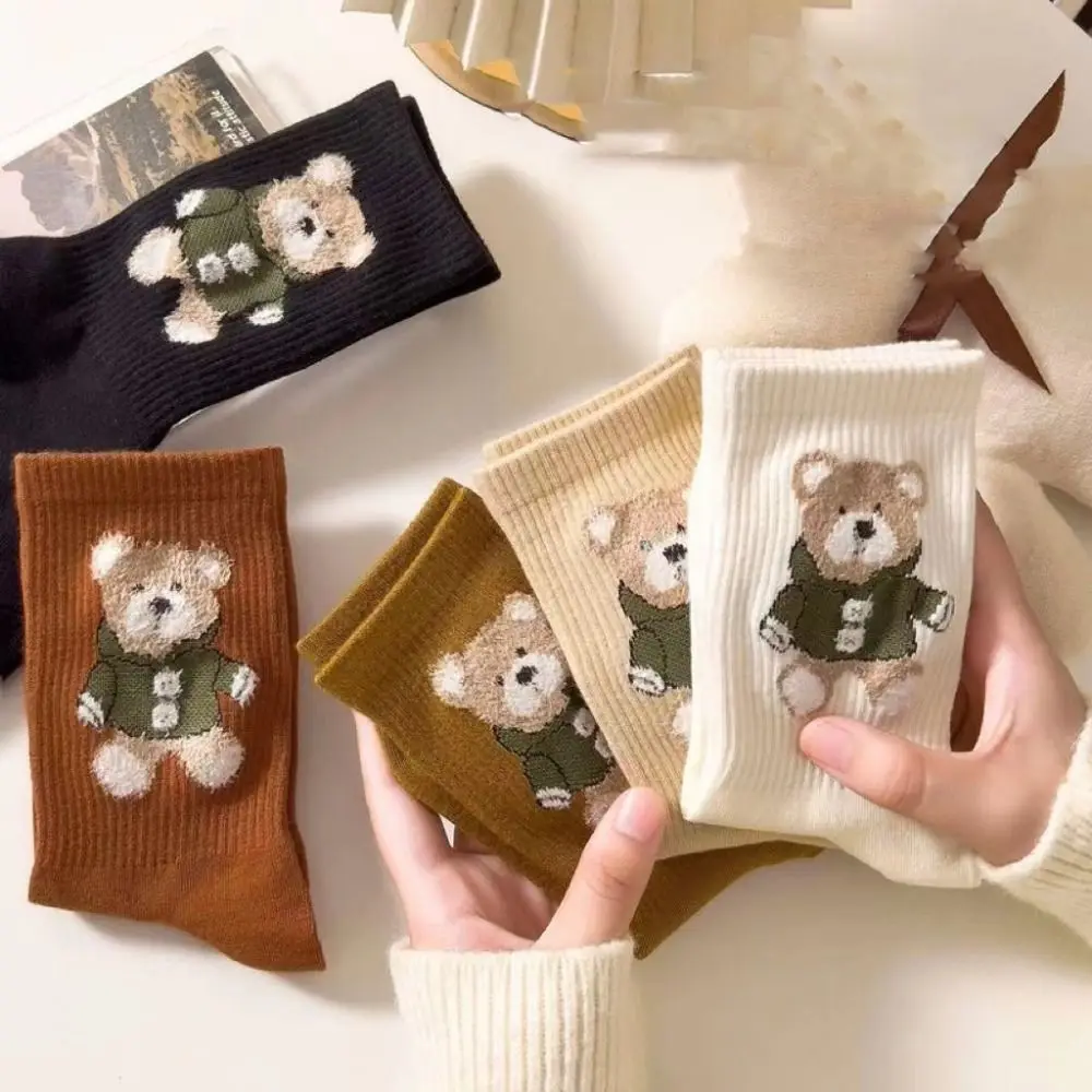 

Теплые повседневные носки Kawaii Bear Patten в Корейском стиле чулочно-носочные изделия в студенческом стиле хлопковые носки для девочек Чулочные изделия средней длины