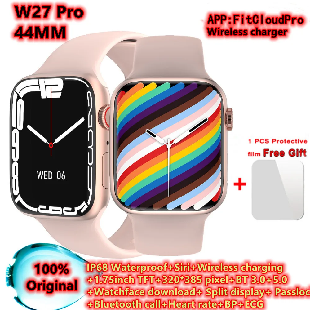 

8 шт. оригинальные Смарт-часы W27 Pro с двумя кнопками 44 мм серия 7 Беспроводное зарядное устройство Bluetooth Вызов IP68 Водонепроницаемые Смарт-часы ...