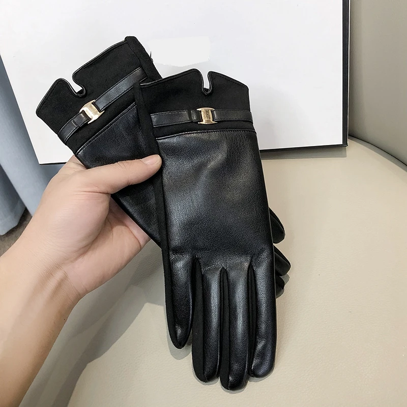 

Classic PU Leather Gloves Women Winter Warm Wrist Touch Screen Driving Female Finger Mittens guantes mujer