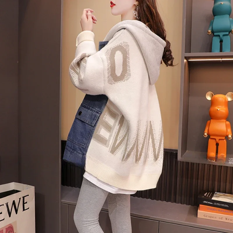 Осенне-зимний новый модный джинсовый свитер в стиле пэчворк кардиган женский