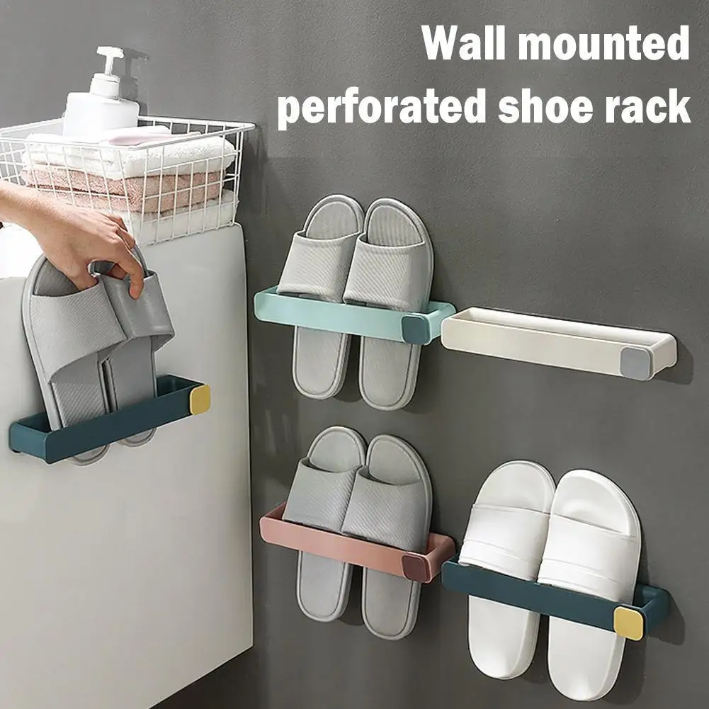 

Wall Mounted Slipper Storage Rack Simple No Punching 4 Organizers Towel Bathroom Rack Space-saving Color Home Shoes Storage V1B1