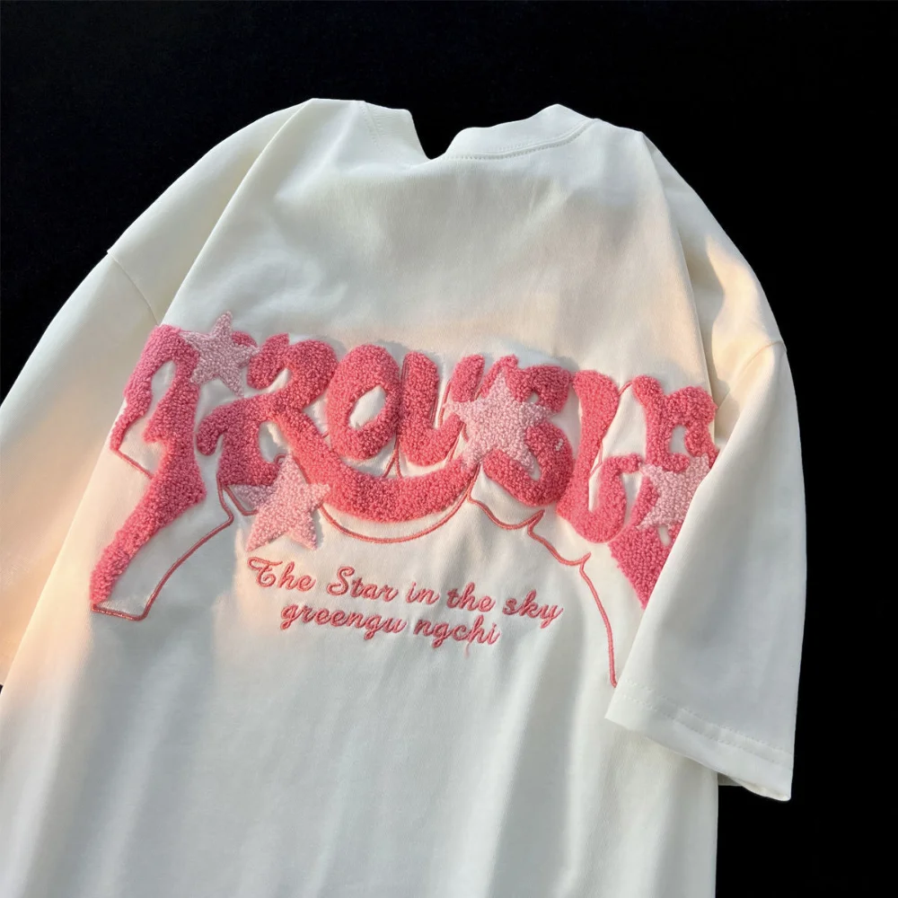 

Harajuku Brand Stars Embroidery Short Sleeve T Shirts Men Women Streetwear Oversized Tops Cute Cartoon Summer Cotton Tees Casual