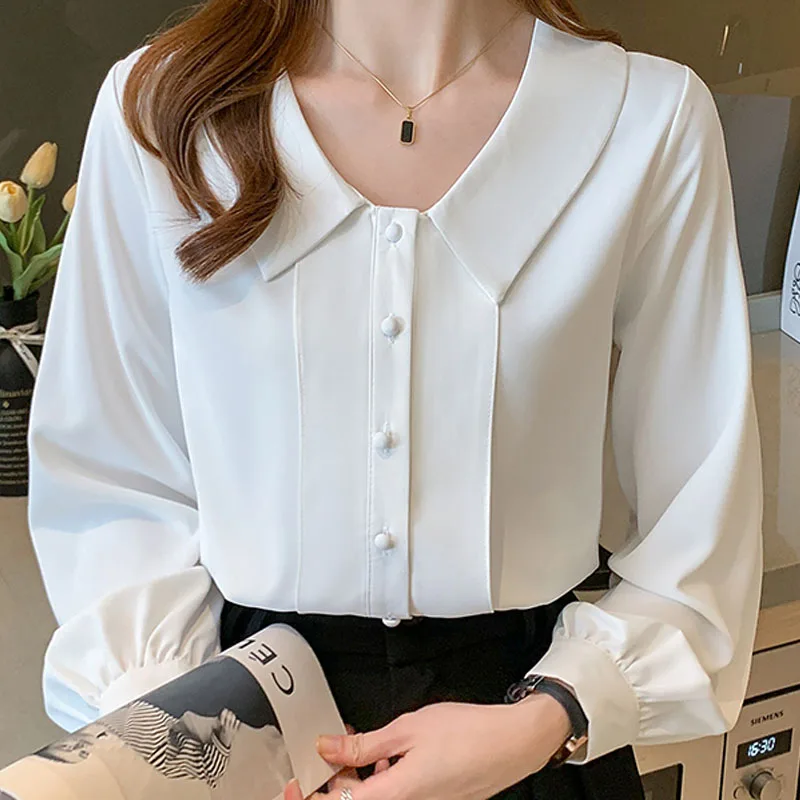 

Blusas Femininas Bonitas Em Promoções 2022 Vetement Femme Lantern Sleeve Chiffon Shirts Blouse White Long Sleeve Tops Button