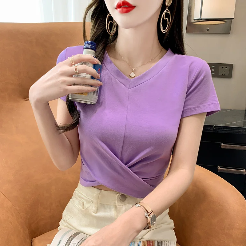 

Estceque Short V-neck White T-shirt Women Short-sleeved High Waist Slim Casual Woman Tshirts Aesthetic Clothes Summer New 2022