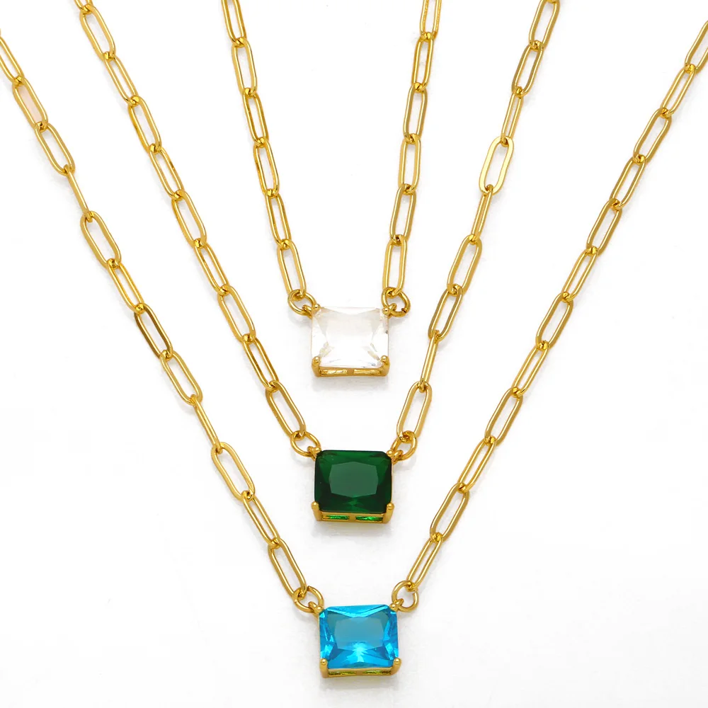 

FLOLA Gold Color Paperclip Chain Necklace for Women Copper CZ Square Crystal Necklace Gold Plated Jewelry Friends Gifts nkeb557