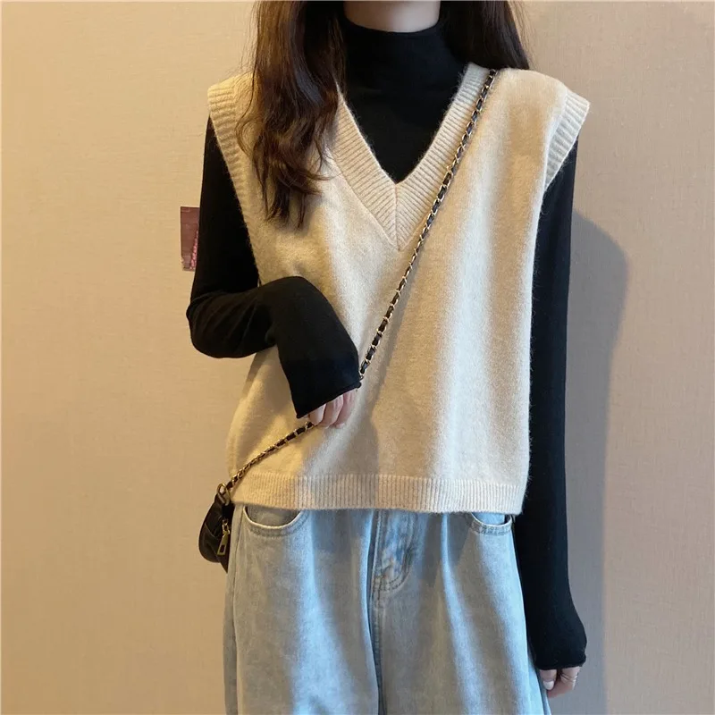 

Japanese Languid Waistcoat Female Pullover Spring Autumn Pullover College V Neck Knitted Solid Jacket