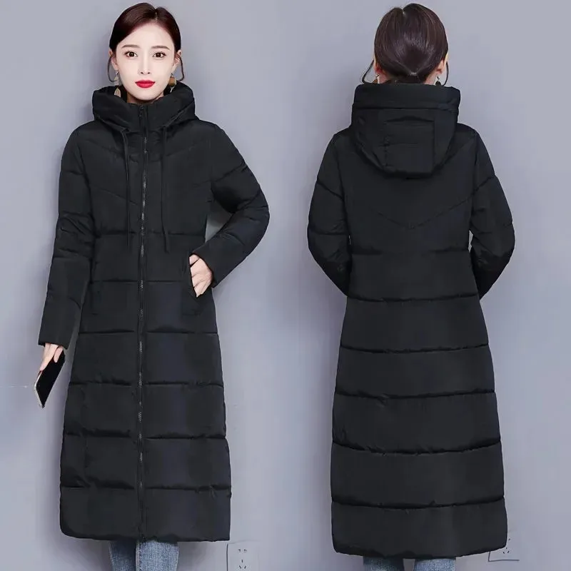 

2023 Women's Winter Long Coats Warm Down Cotton Jacket Hooded Parka Overcoat Fashion Slim Snow Outwear Korean