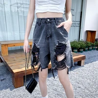 womens jeans ripped hole denim capris pants ladies casual knee length baggy jeans summer loose high waist jean cropped pants