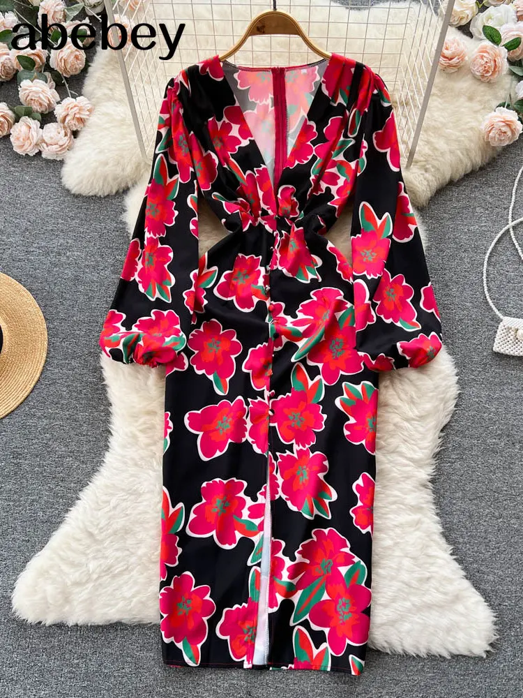 

Floral Print V Neck Sexy Bodycon Long Dress Women Long Sleeve Single-Breasted Dresses 2022 Spring Female Party Beach Vestidos