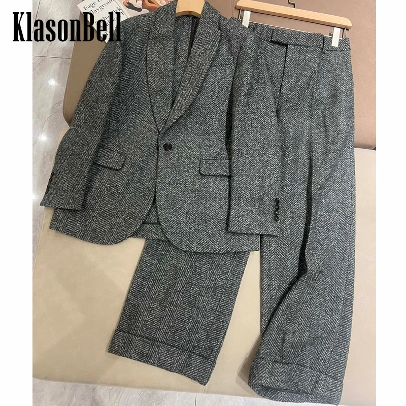 11.20 KlasonBell-Женская одежда шерстяной костюм с цепочкой и бисером пиджак лацканами