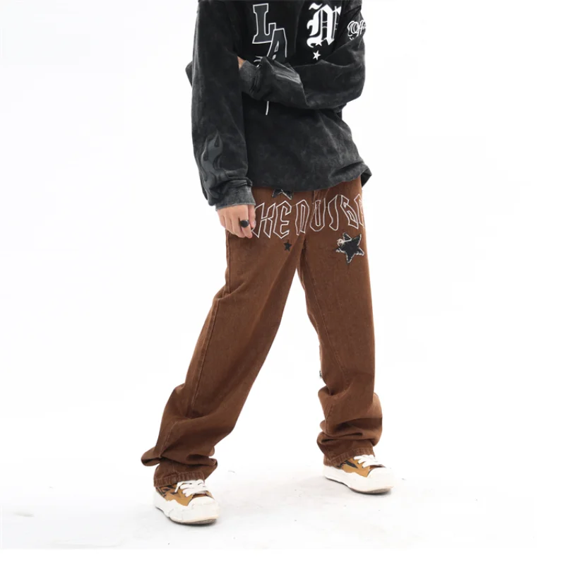 Star Patch Embroidered Loose Men's Jeans Harajuku Retro Street Hip Hop High Waist Loose Jeans Pants Mens Y2k Men’s Jeans Cotton